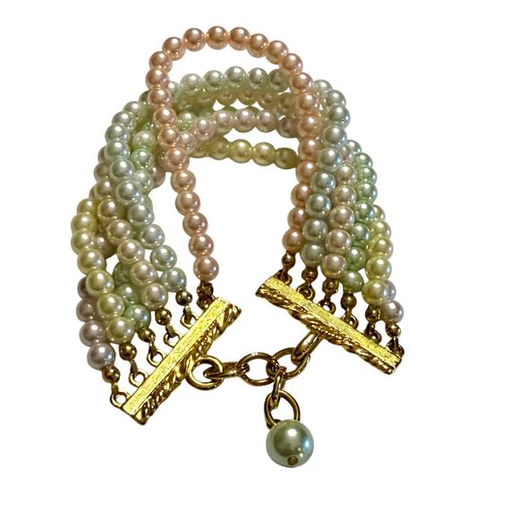 Vintage 90s Joan Rivers Pastel Pearl Six Strand Bracelet - Picture 3 of 10
